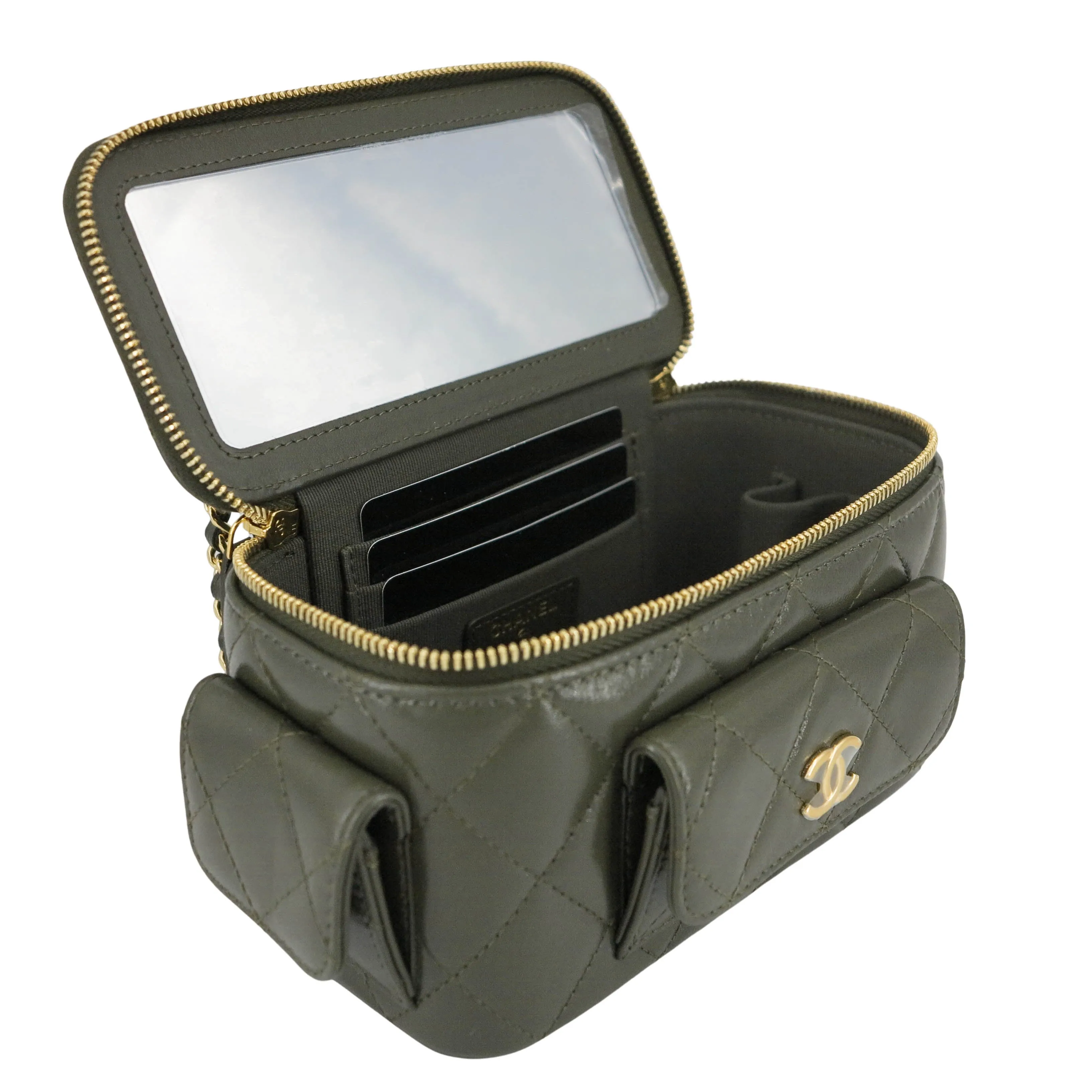 22K Small Vanity Case with Mini Pockets in Khaki Green Calfskin