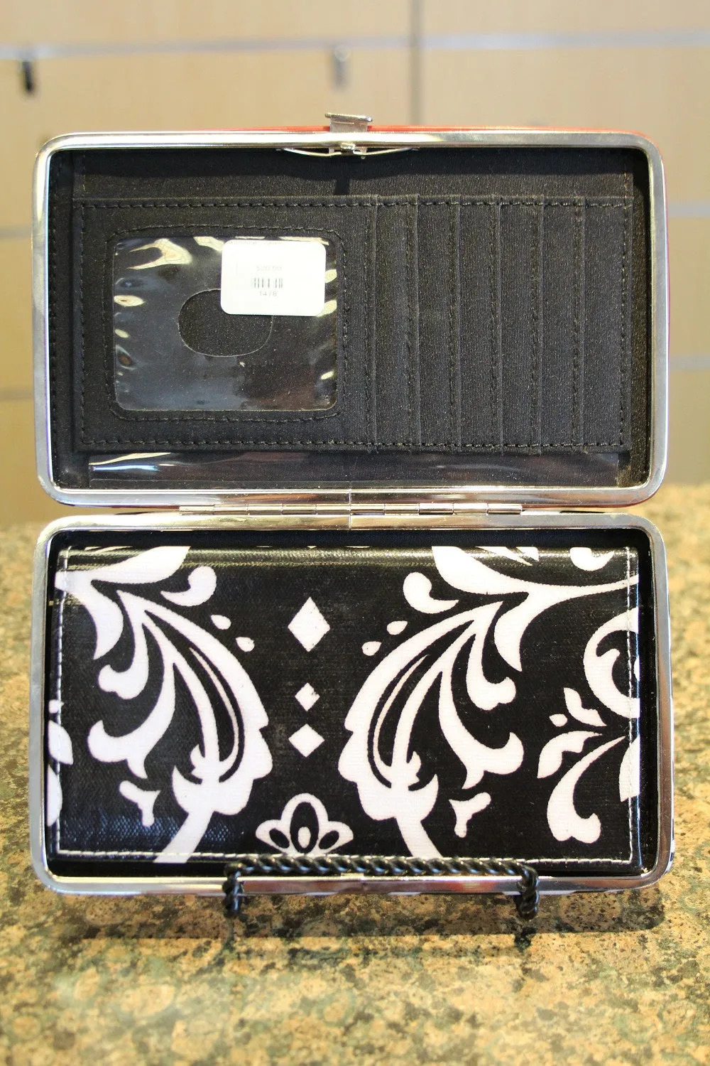 ADO | Damask Print Clutch Wallet with Red Trim