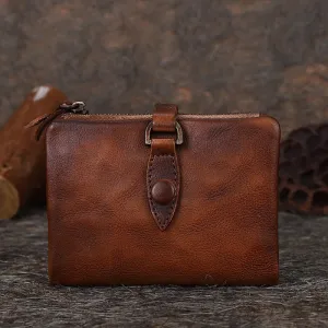 Brown Small Leather Wallet Bifold Vintage Billfold Cute Women Wallet with Buckle For Ladies
