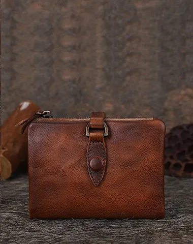 Brown Small Leather Wallet Bifold Vintage Billfold Cute Women Wallet with Buckle For Ladies