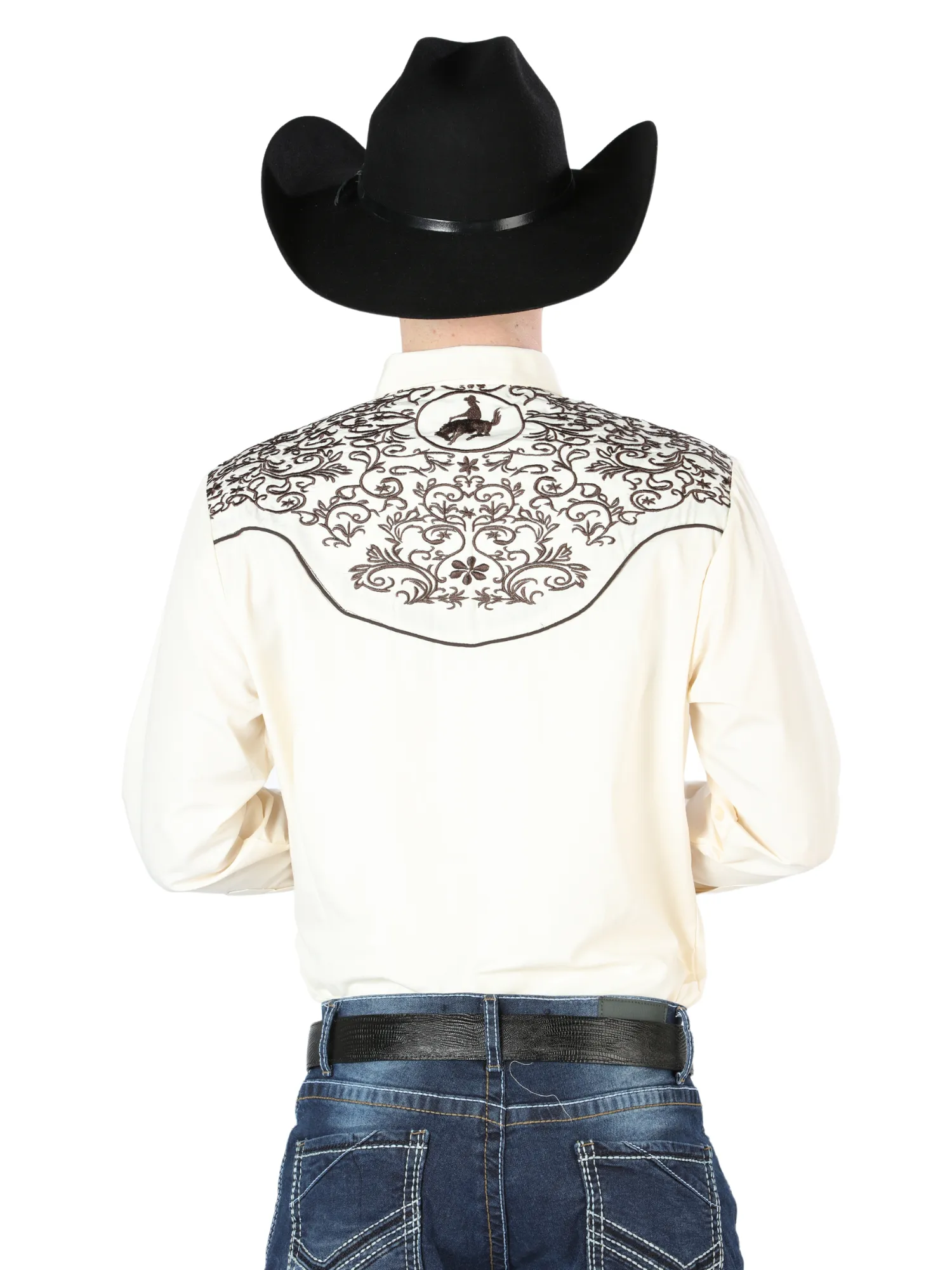 Camisa Vaquera Bordada Manga Larga Beige para Hombre 'El Señor de los Cielos' - ID: 44189