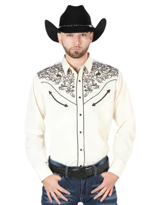 Camisa Vaquera Bordada Manga Larga Beige para Hombre 'El Señor de los Cielos' - ID: 44189