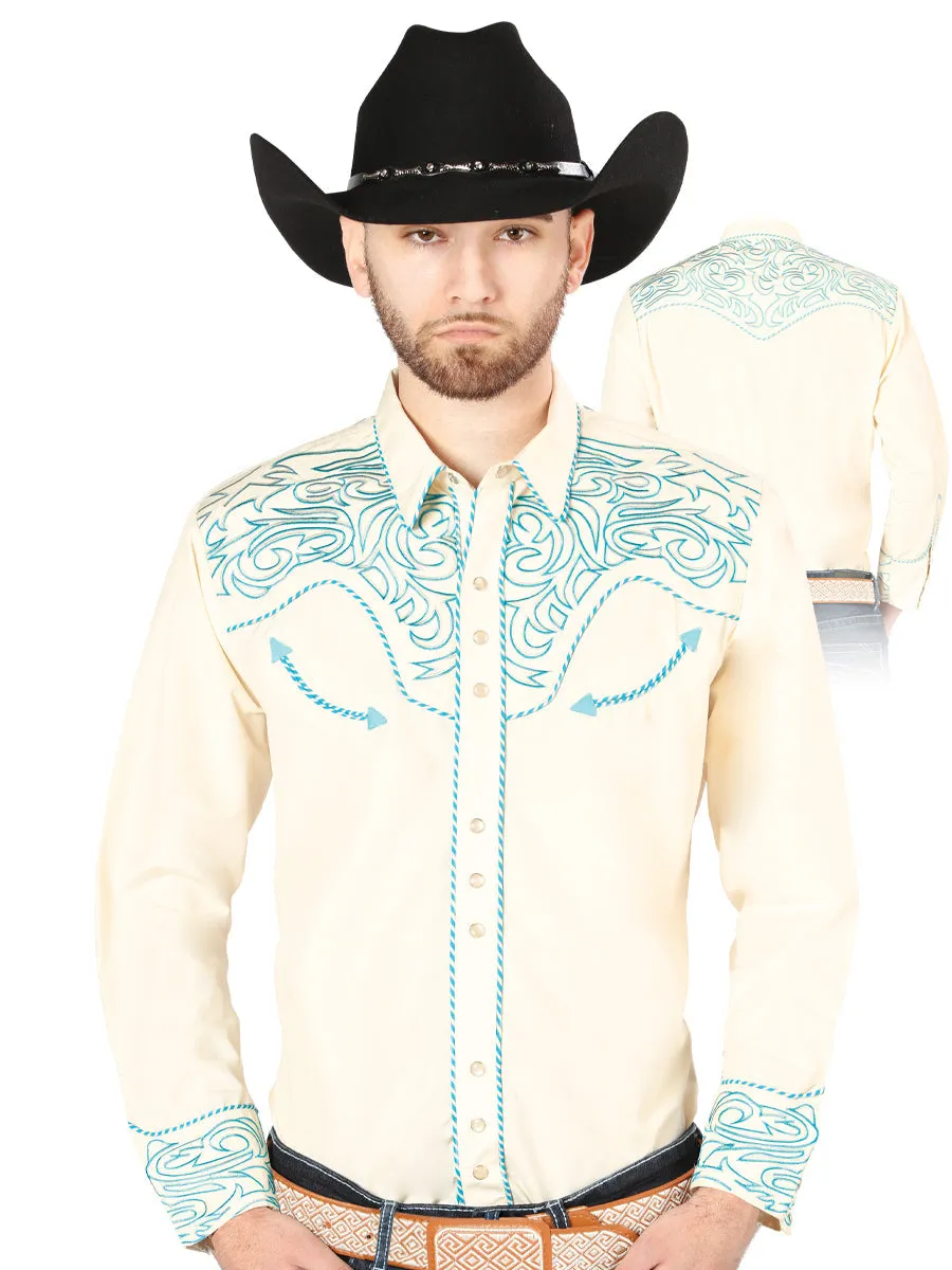 Camisa Vaquera Bordada Manga Larga Beige para Hombre 'El Señor de los Cielos' - ID: 44199