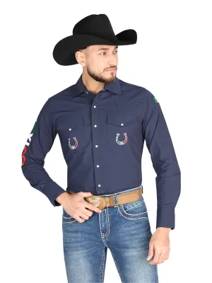 Camisa Vaquera Bordada México Manga Larga Azul Marino para Hombre 'El General' - ID: 44283