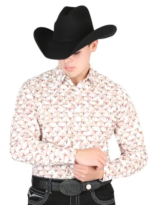 Camisa Vaquera Manga Larga de Broches Estampada Beige para Hombre 'El General' - ID: 44303