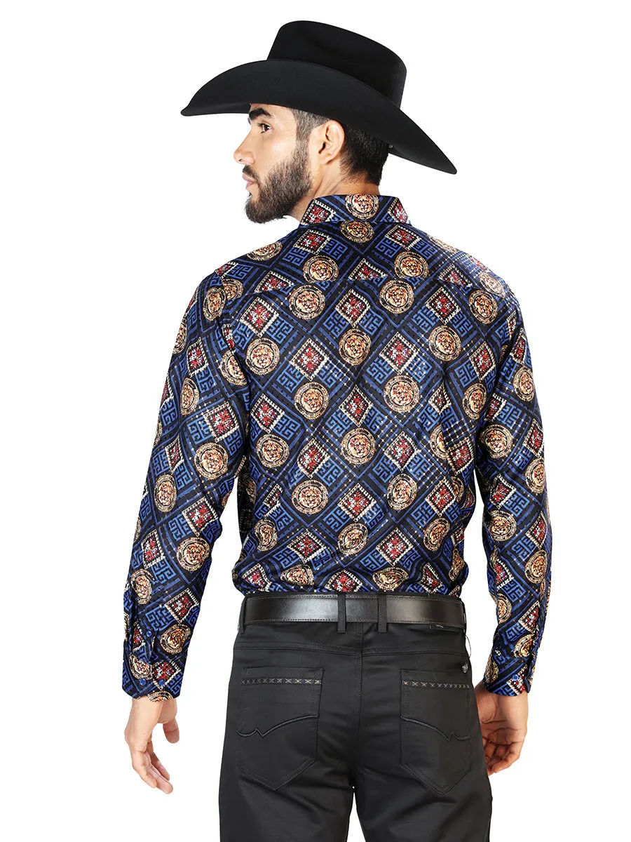 Camisa Vaquera Manga Larga Estampada Azul Marino para Hombre 'El Señor de los Cielos' - ID: 43792