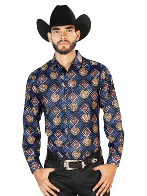 Camisa Vaquera Manga Larga Estampada Azul Marino para Hombre 'El Señor de los Cielos' - ID: 43792