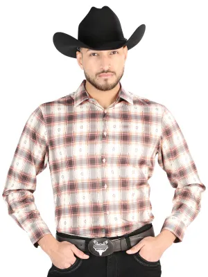 Camisa Vaquera Manga Larga Estampada Cuadros Naranja/Beige para Hombre 'El Señor de los Cielos' - ID: 44699