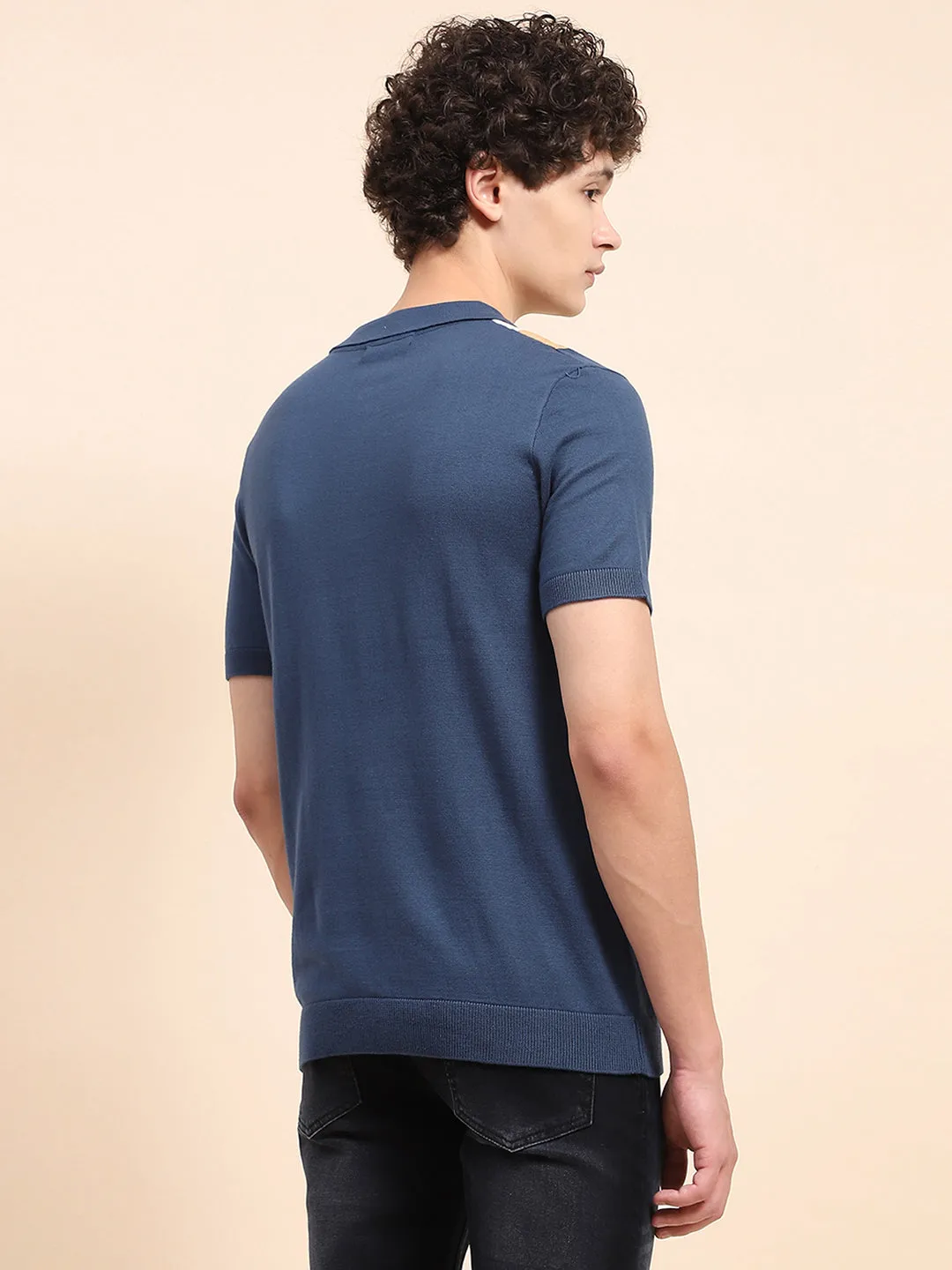 Camla Barcelona Colour Blocked Navy Blue Polo Neck T-Shirt