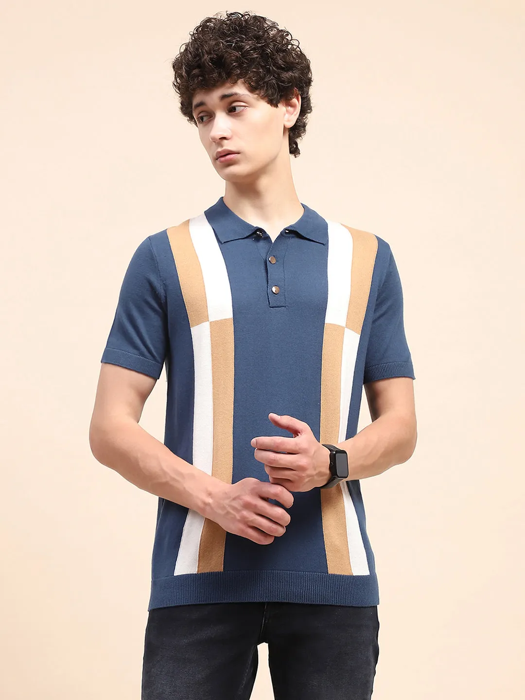 Camla Barcelona Colour Blocked Navy Blue Polo Neck T-Shirt