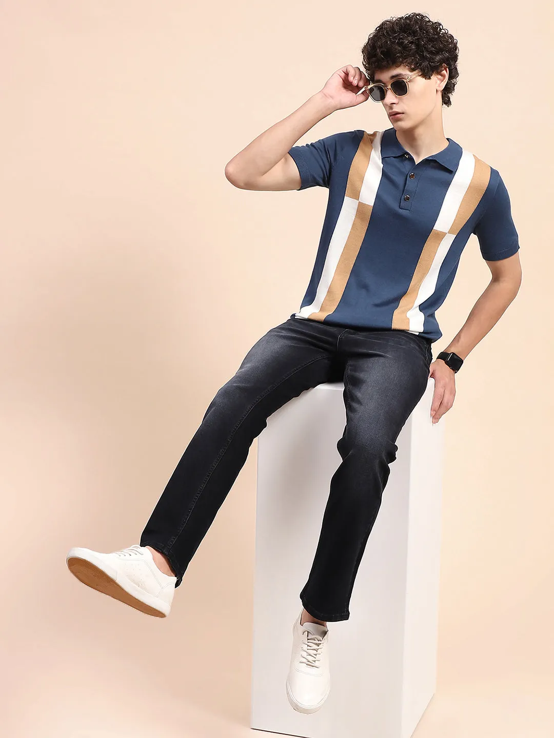 Camla Barcelona Colour Blocked Navy Blue Polo Neck T-Shirt