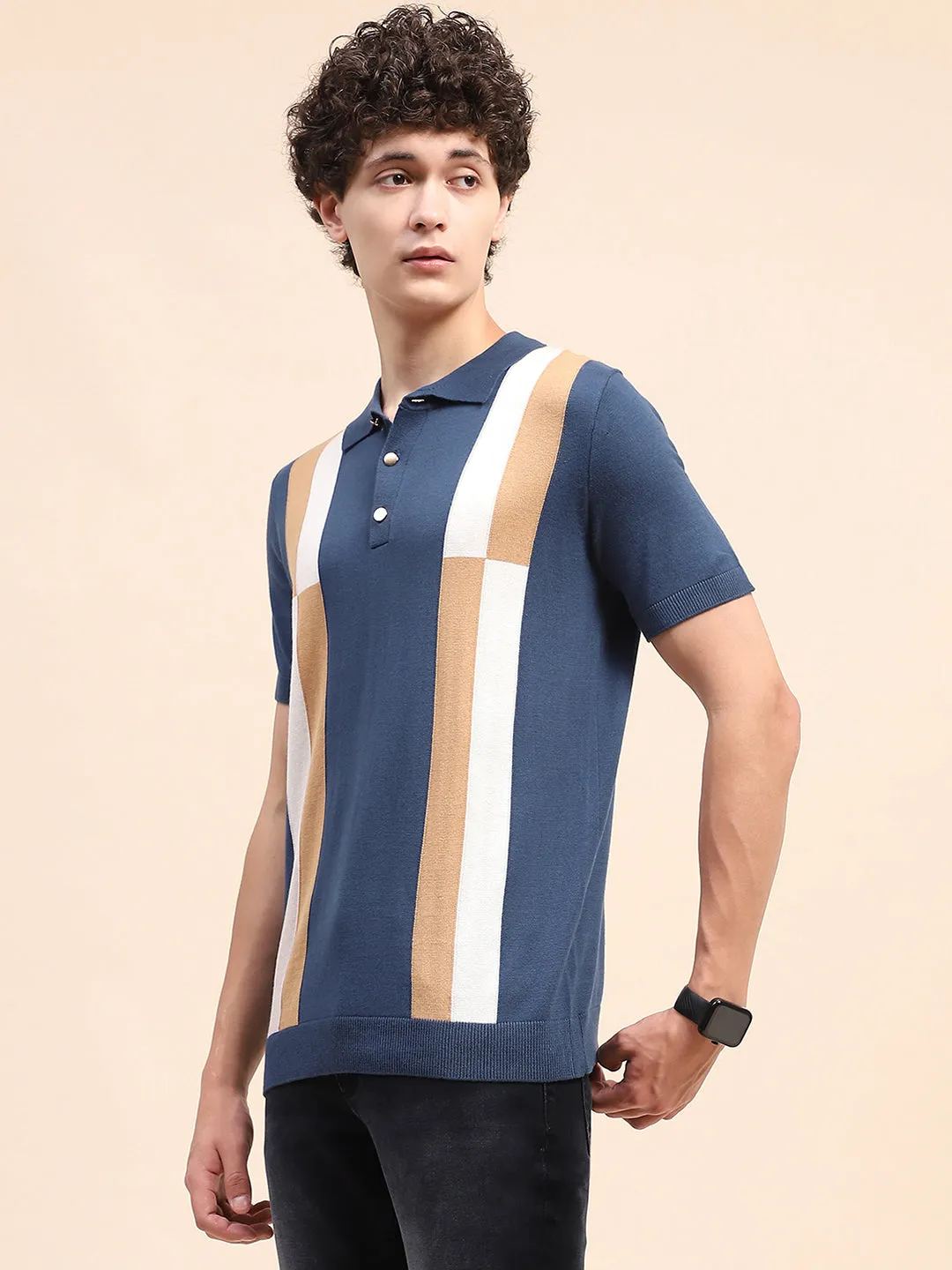 Camla Barcelona Colour Blocked Navy Blue Polo Neck T-Shirt