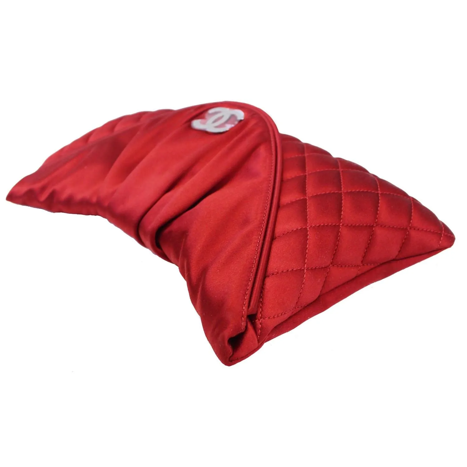 CHANEL CC Half Moon Quilted Satin Clutch Bag Red