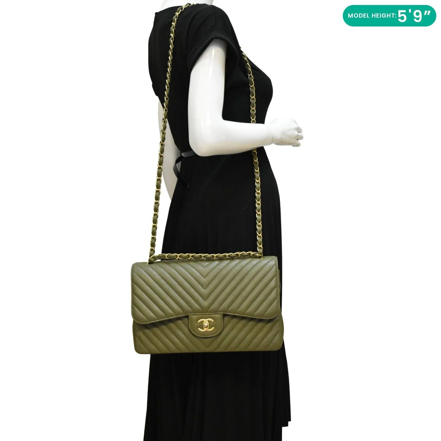 CHANEL Classic Jumbo Flap Chevron Leather Crossbody Bag Olive
