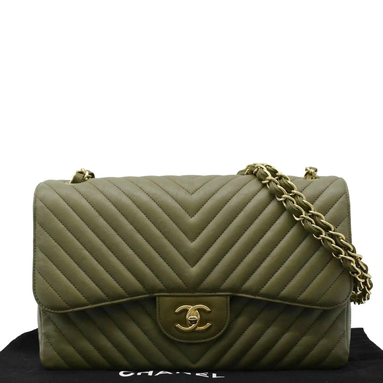 CHANEL Classic Jumbo Flap Chevron Leather Crossbody Bag Olive