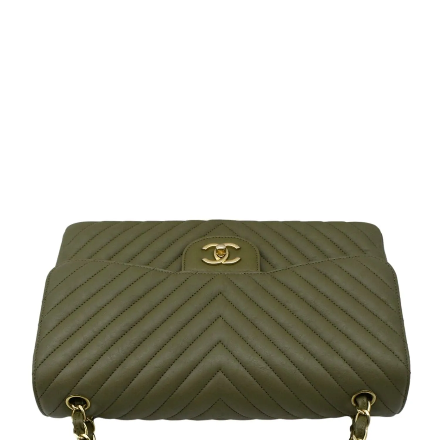 CHANEL Classic Jumbo Flap Chevron Leather Crossbody Bag Olive