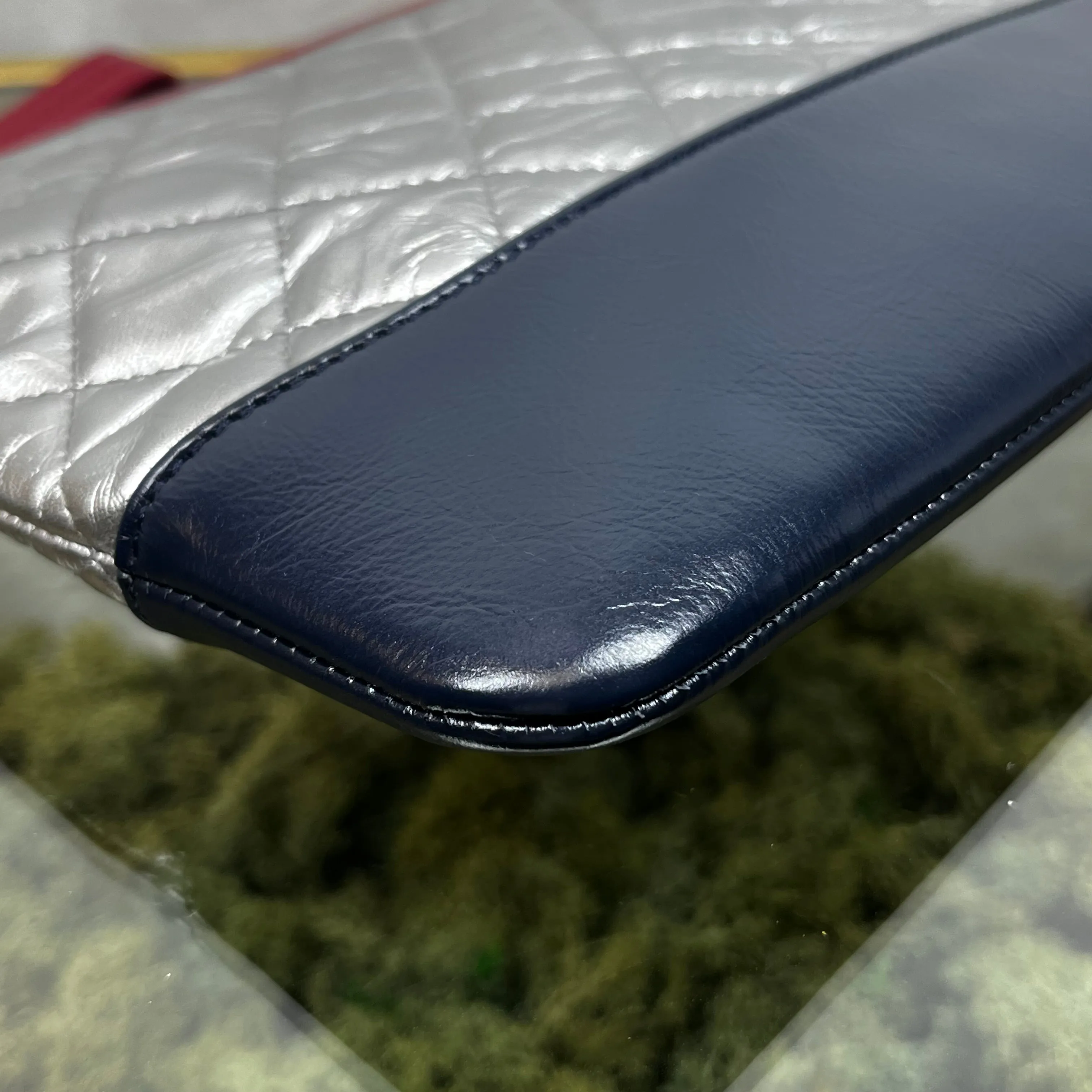 CHANEL Gabrielle Medium Navy Blue Silver Red Aged Calfskin Quilted Cosmetic Case Clutch TS3711