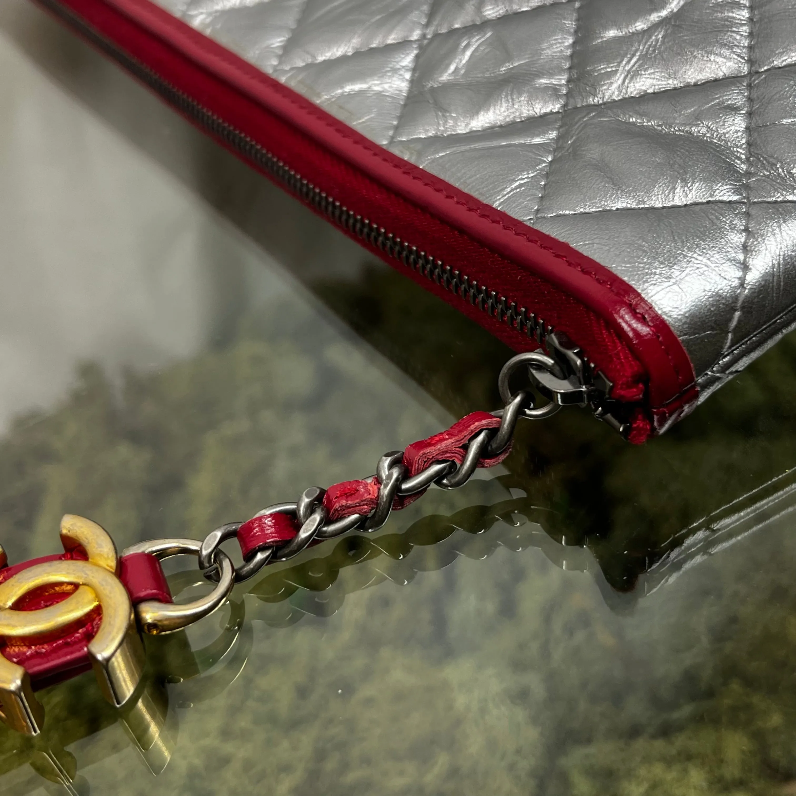 CHANEL Gabrielle Medium Navy Blue Silver Red Aged Calfskin Quilted Cosmetic Case Clutch TS3711