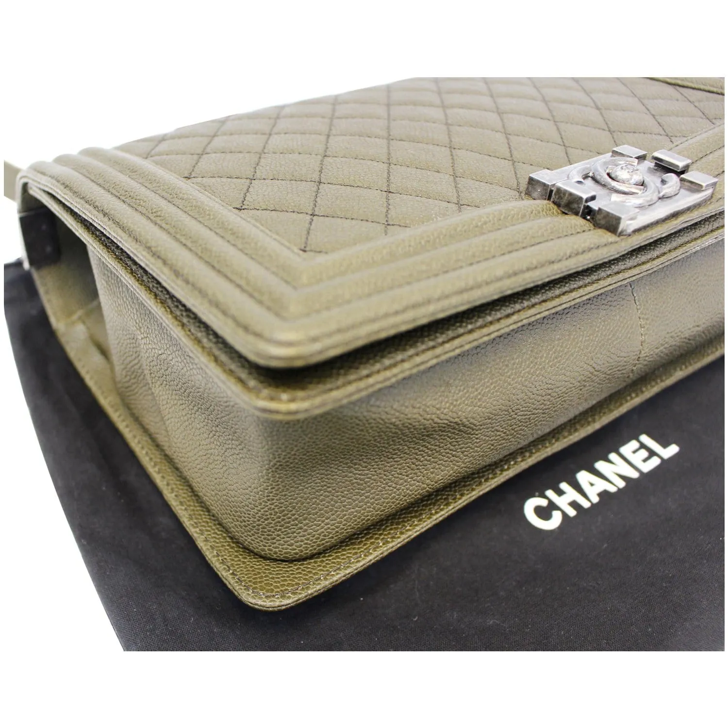 CHANEL Medium Boy Flap Caviar Leather Shoulder Bag Olive Green