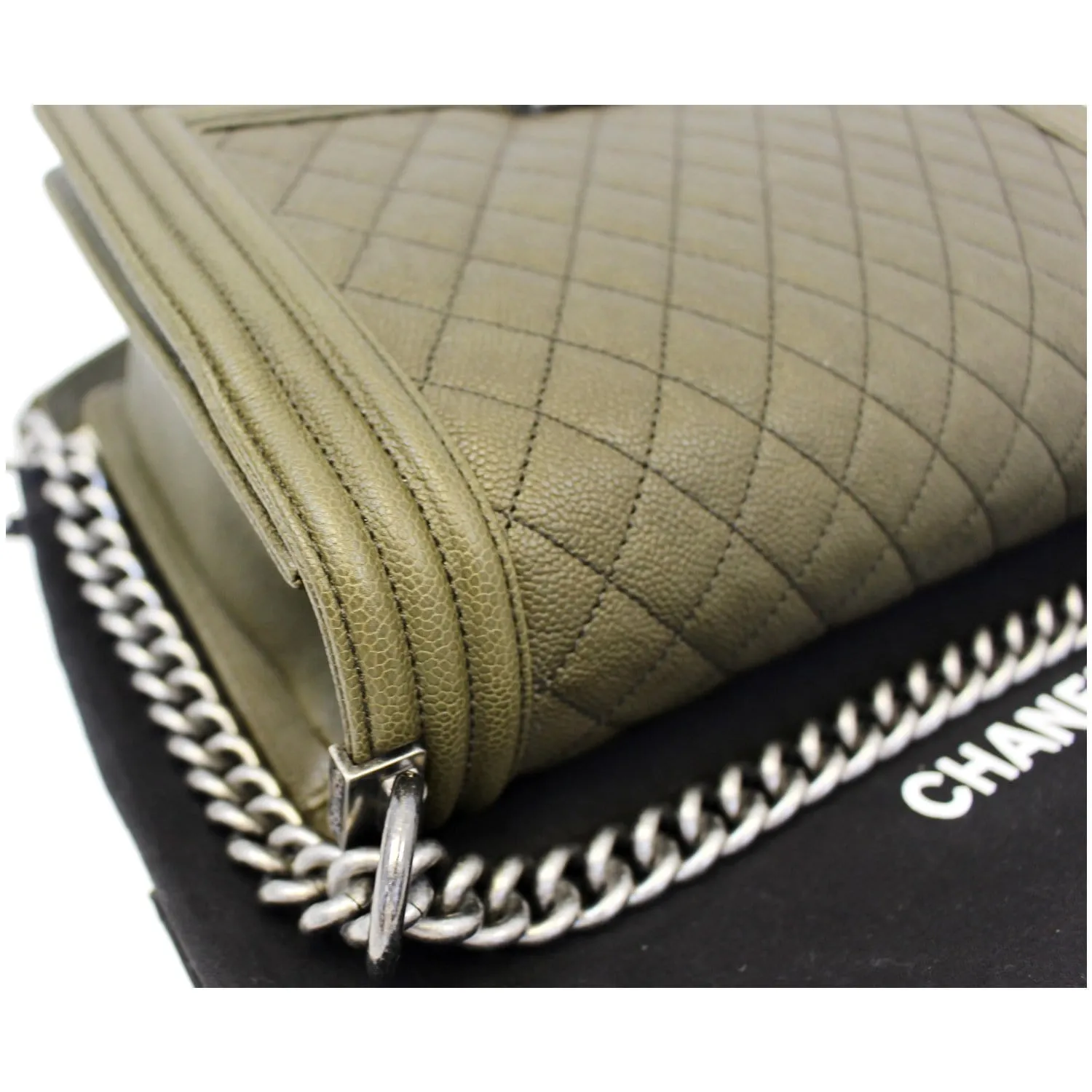 CHANEL Medium Boy Flap Caviar Leather Shoulder Bag Olive Green