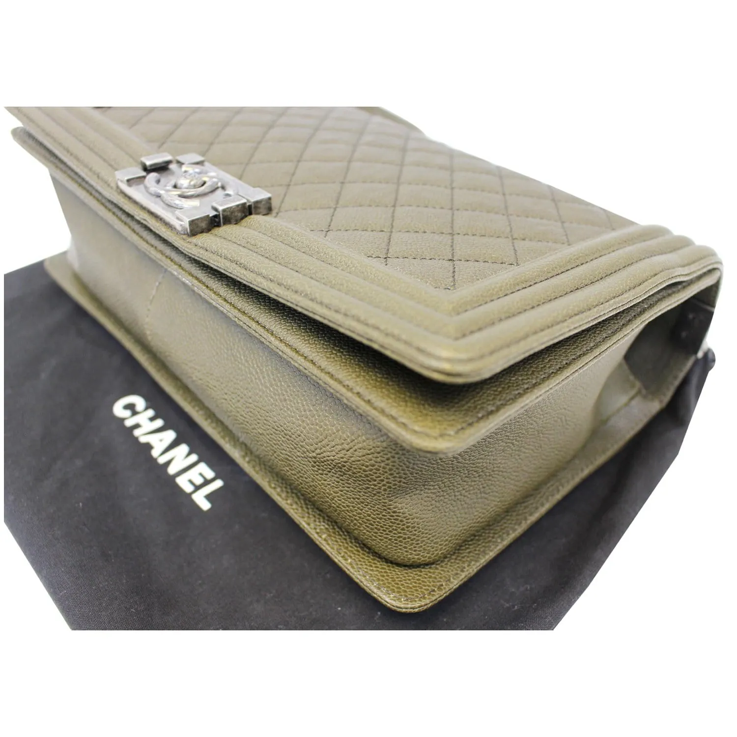 CHANEL Medium Boy Flap Caviar Leather Shoulder Bag Olive Green