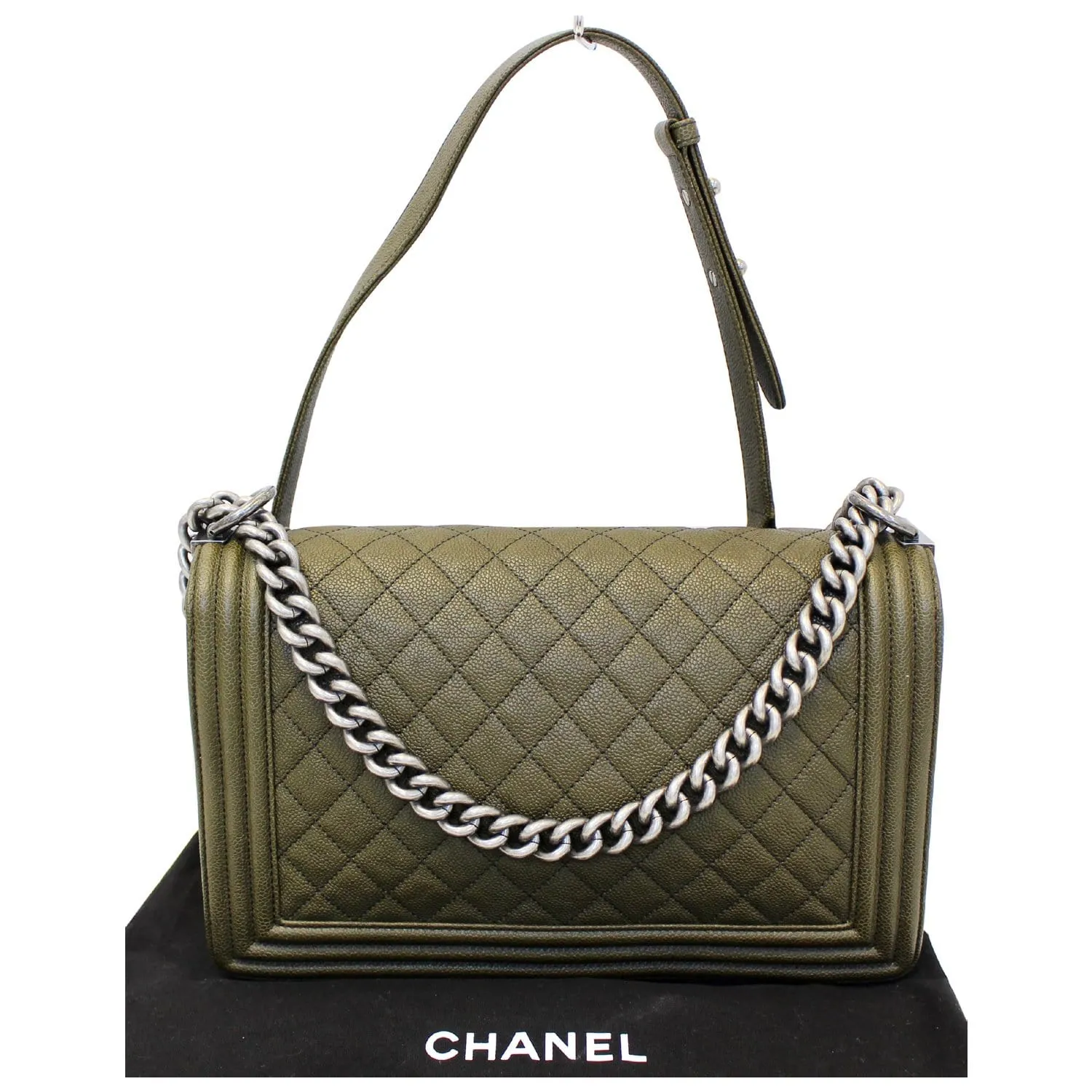 CHANEL Medium Boy Flap Caviar Leather Shoulder Bag Olive Green