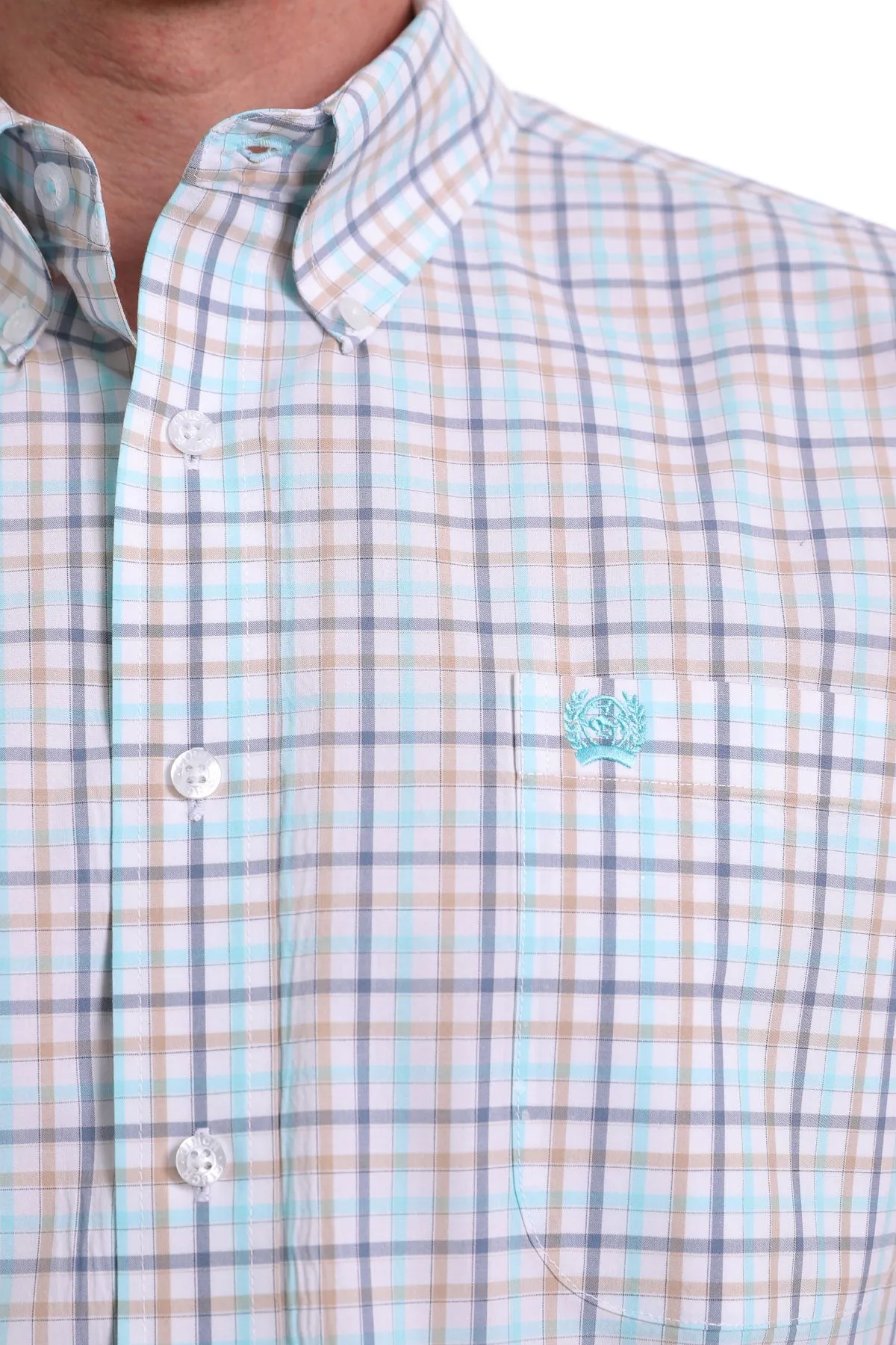 CINCH MEN'S SHORT SLEEVE WHITE, TURQUOISE, BLUE AND KHAKI BUTTON DOWN SHIRT