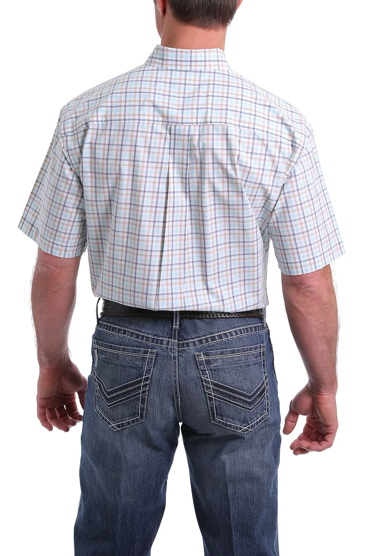 CINCH MEN'S SHORT SLEEVE WHITE, TURQUOISE, BLUE AND KHAKI BUTTON DOWN SHIRT