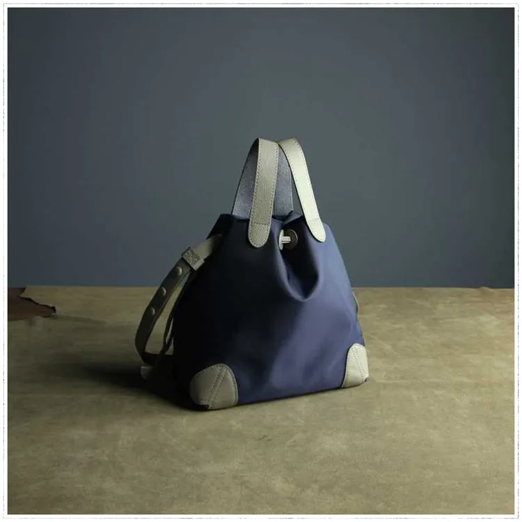 Cute Womens Navy&Khaki NYLON Bucket Handbag Purse Barrel NYLON Shoulder Bag Crossbody Purse for Ladies