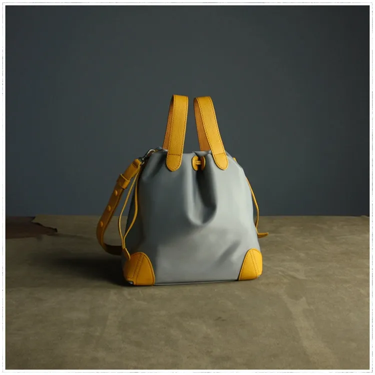 Cute Womens Navy&Khaki NYLON Bucket Handbag Purse Barrel NYLON Shoulder Bag Crossbody Purse for Ladies