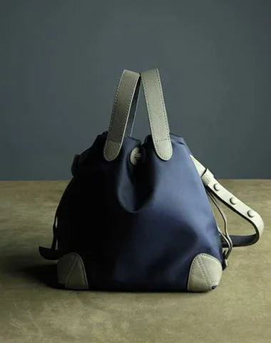 Cute Womens Navy&Khaki NYLON Bucket Handbag Purse Barrel NYLON Shoulder Bag Crossbody Purse for Ladies