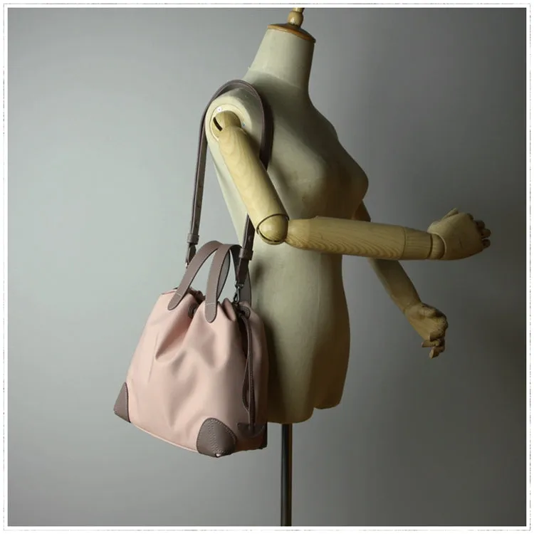 Cute Womens Navy&Khaki NYLON Bucket Handbag Purse Barrel NYLON Shoulder Bag Crossbody Purse for Ladies