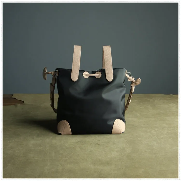 Cute Womens Navy&Khaki NYLON Bucket Handbag Purse Barrel NYLON Shoulder Bag Crossbody Purse for Ladies