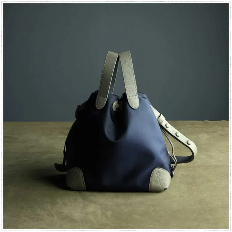 Cute Womens Navy&Khaki NYLON Bucket Handbag Purse Barrel NYLON Shoulder Bag Crossbody Purse for Ladies