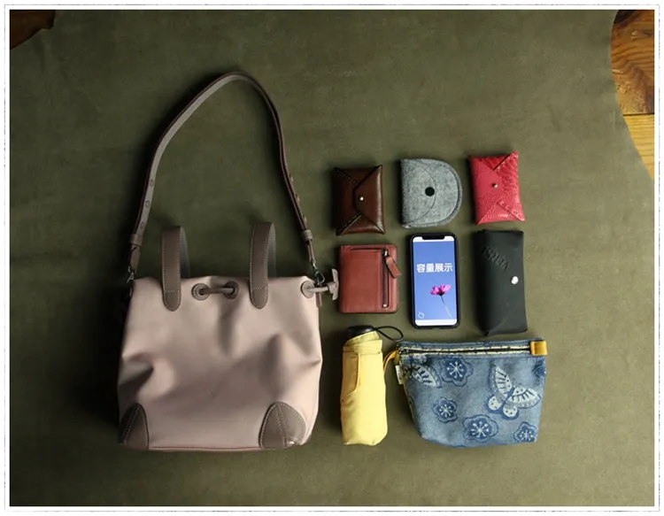 Cute Womens Navy&Khaki NYLON Bucket Handbag Purse Barrel NYLON Shoulder Bag Crossbody Purse for Ladies