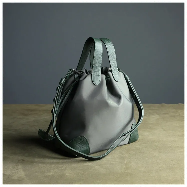 Cute Womens Navy&Khaki NYLON Bucket Handbag Purse Barrel NYLON Shoulder Bag Crossbody Purse for Ladies