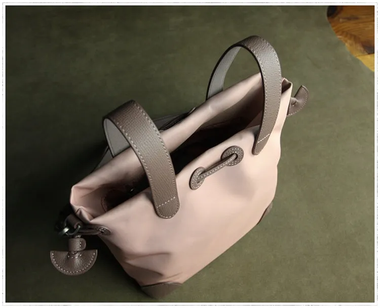Cute Womens Navy&Khaki NYLON Bucket Handbag Purse Barrel NYLON Shoulder Bag Crossbody Purse for Ladies