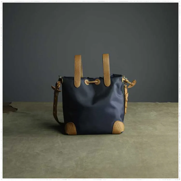 Cute Womens Navy&Khaki NYLON Bucket Handbag Purse Barrel NYLON Shoulder Bag Crossbody Purse for Ladies