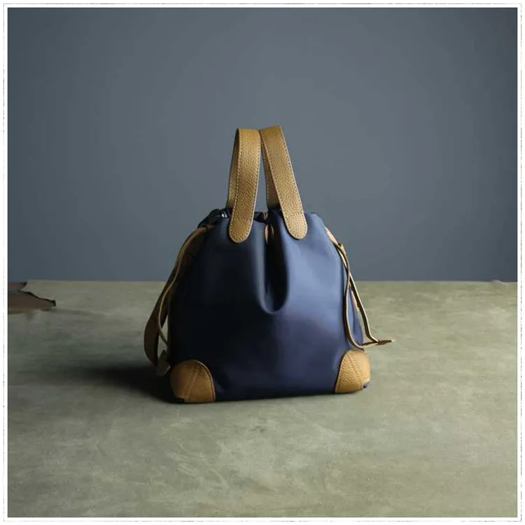 Cute Womens Navy&Khaki NYLON Bucket Handbag Purse Barrel NYLON Shoulder Bag Crossbody Purse for Ladies
