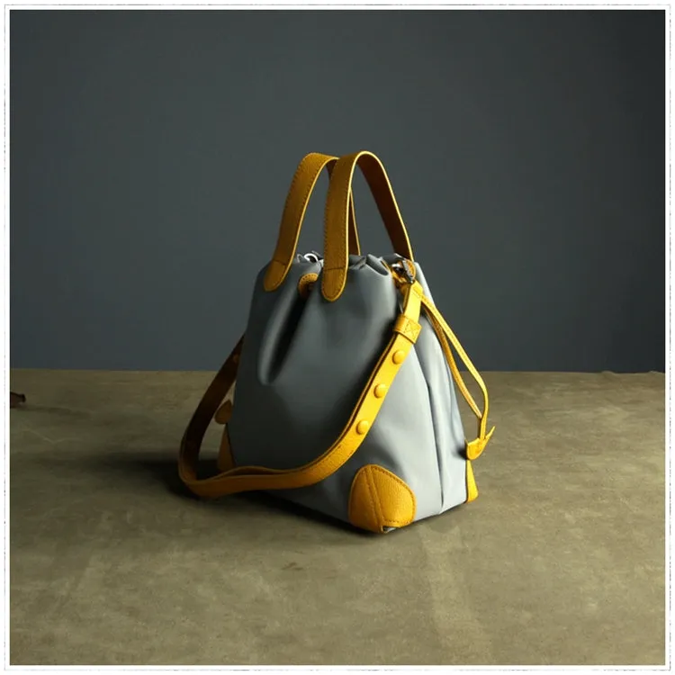 Cute Womens Navy&Khaki NYLON Bucket Handbag Purse Barrel NYLON Shoulder Bag Crossbody Purse for Ladies