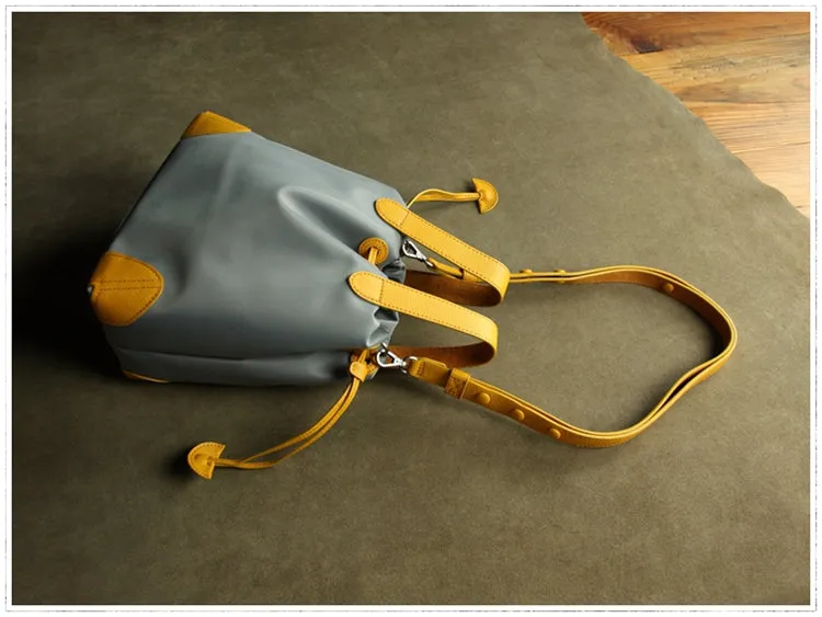 Cute Womens Navy&Khaki NYLON Bucket Handbag Purse Barrel NYLON Shoulder Bag Crossbody Purse for Ladies