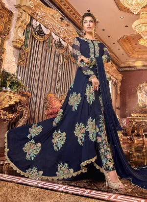 Dark Blue Floral Embroidered Anarkali Pants Suit