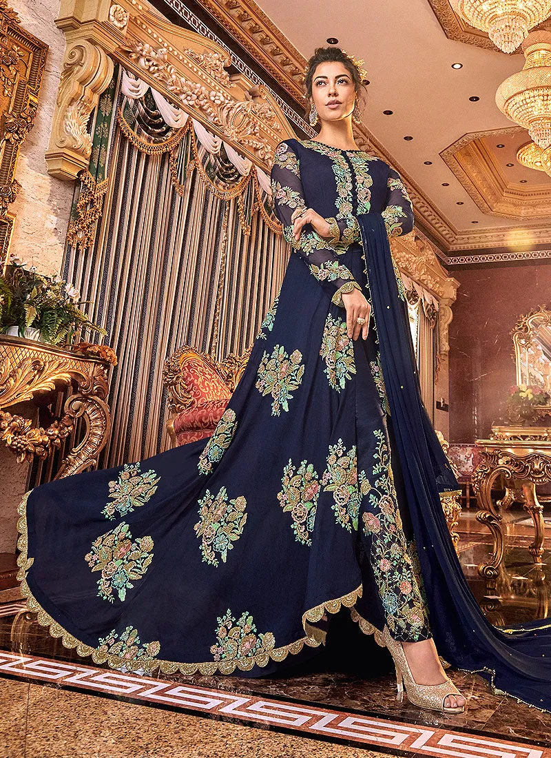 Dark Blue Floral Embroidered Anarkali Pants Suit