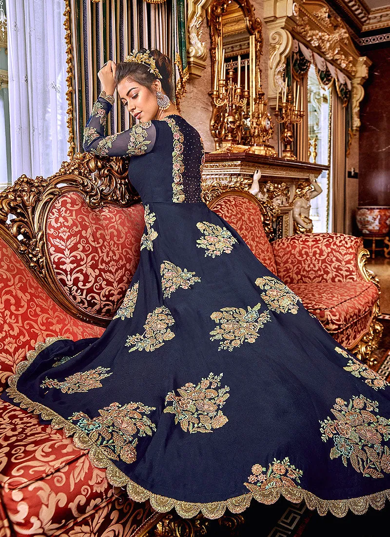 Dark Blue Floral Embroidered Anarkali Pants Suit