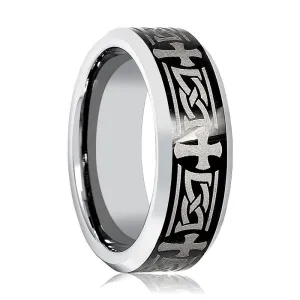 GARROS | Silver Tungsten Ring, Celtic Cross Design, Beveled