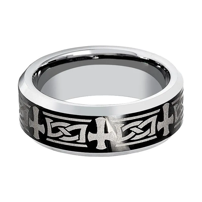 GARROS | Silver Tungsten Ring, Celtic Cross Design, Beveled