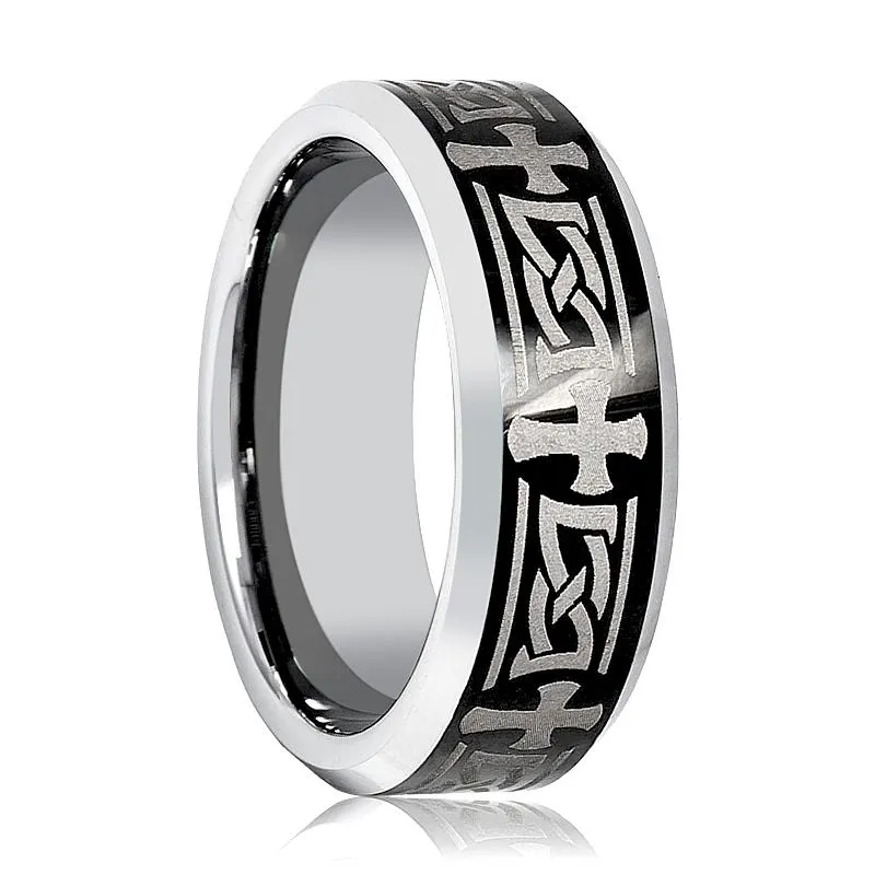 GARROS | Silver Tungsten Ring, Celtic Cross Design, Beveled
