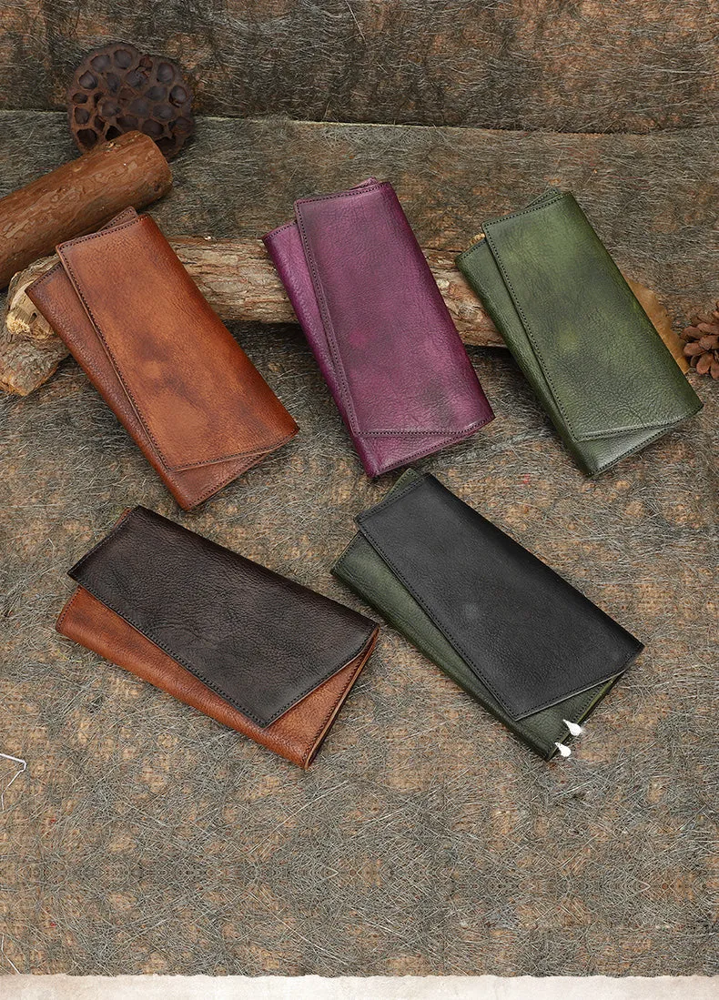 Green Womens Geometry Leather Trifold Long Wallet Vintage Clutch Wallet for Ladies