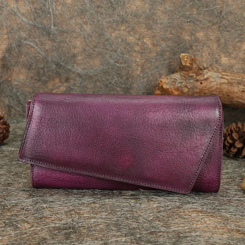 Green Womens Geometry Leather Trifold Long Wallet Vintage Clutch Wallet for Ladies