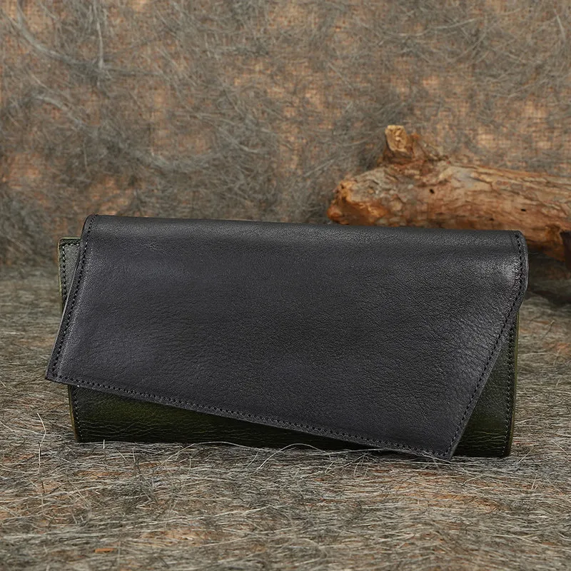 Green Womens Geometry Leather Trifold Long Wallet Vintage Clutch Wallet for Ladies